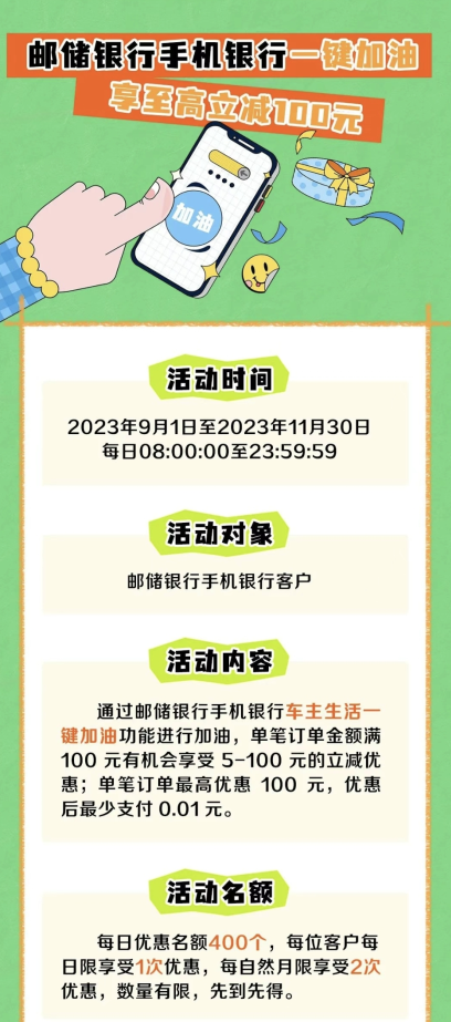 中国邮政储蓄银行一键加油满100元立减5-100元，速度冲
