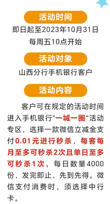 山西中国银行0.01元秒杀5～50元微信立减金，速度冲