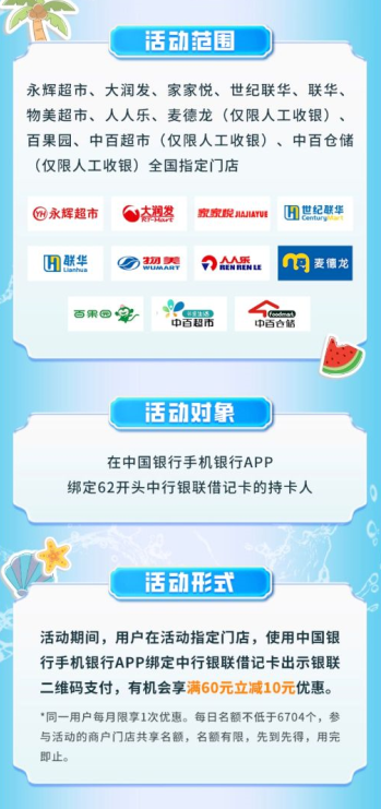 中国银行手机银行指定超市消费满60立减10元，感兴趣的冲