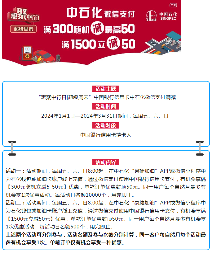 中国银行信用卡中石化微信支付满减，感兴趣的冲